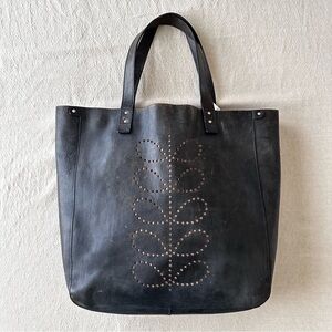 Orla Kiely black leather tote bag punched Willow pattern